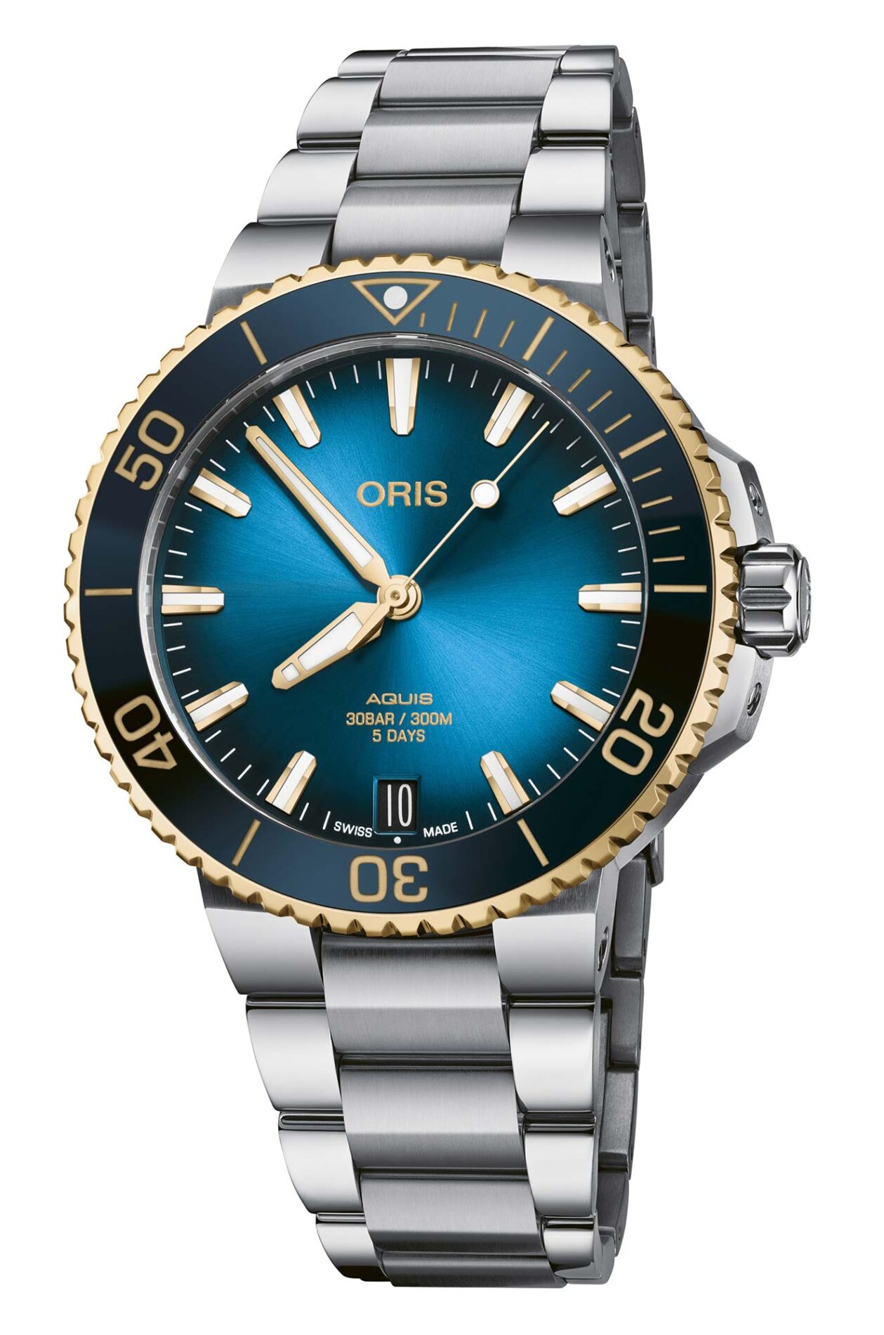 Oris Aquis Date 01 400 7769 6355-07 8 22 09PEB - Gioielleria Casavola di Noci - orologio automatico uomo - acciaio oro giallo con quadrante blu