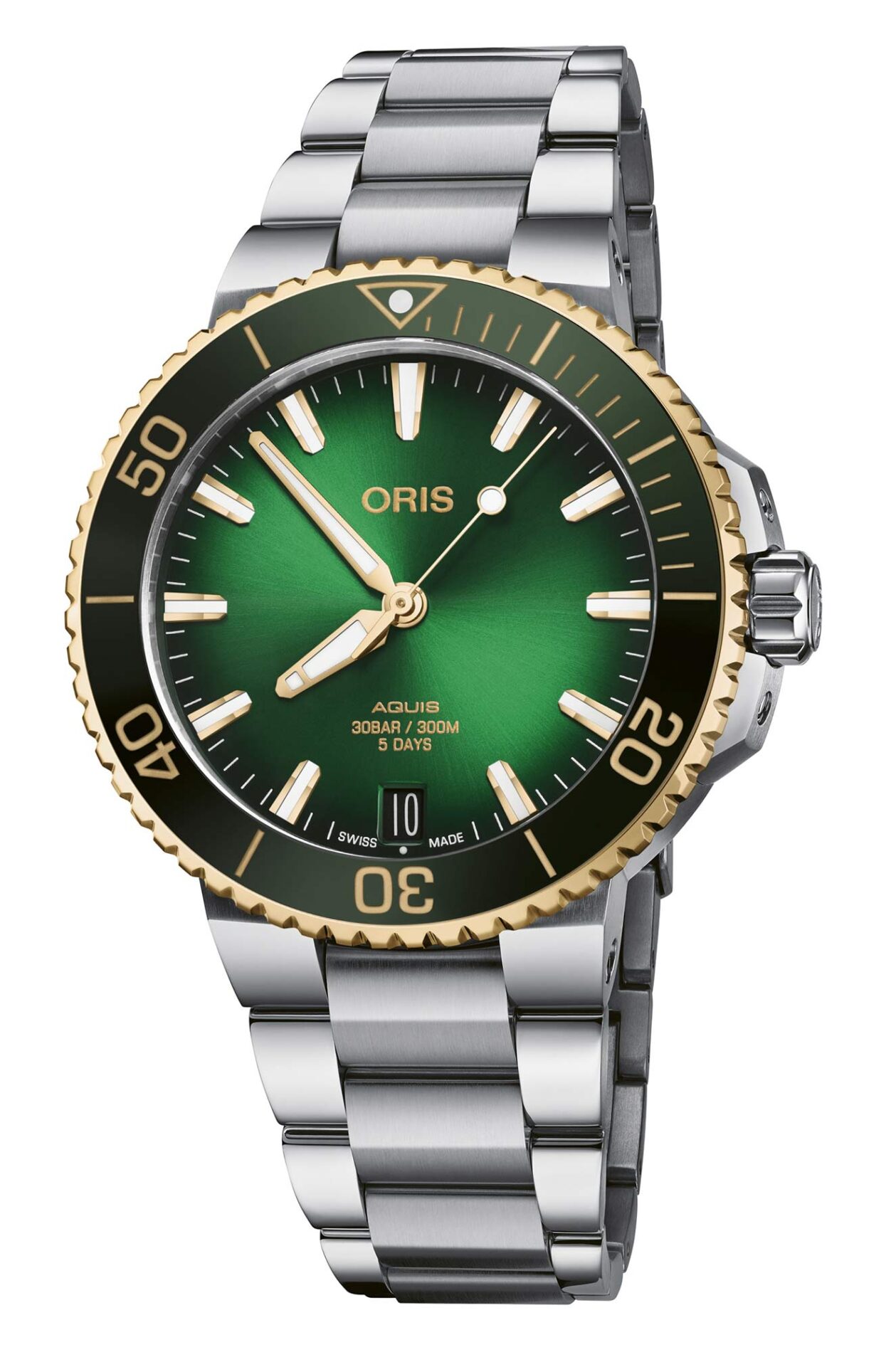 Oris Aquis Date 01 400 7769 6357-07 8 22 09PEB - Gioielleria Casavola di Noci - orologio automatico svizzero - acciaio oro con quadrante verde