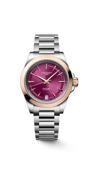 Longines Conquest L3.430.5.98.6 - Gioielleria Casavola di Noci - orologio automatico svizzero da donna in acciaio INOX con lunetta in oro rosa 18 carati - quadrante color porpora