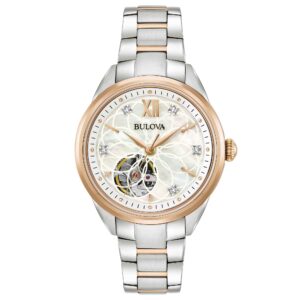 Bulova Sutton Lady 98P170 - Gioielleria Casavola di Noci - orologio automatico da donna con cinque diamanti come indici - quadrante in madreperla bianco open heart