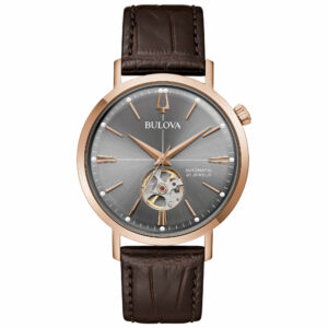 Bulova Aerojet Automatic 97A171 - Gioielleria Casavola di Noci - orologio da uomo con quadrante antracite e finestra sul calibro in movimento - lancette color oro rosa